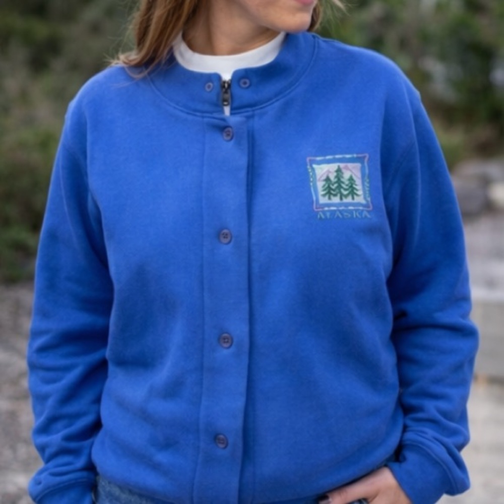 Vintage Polar Alaska Blue Button Front Sweatshirt Jacket L USA Trees Embroidery